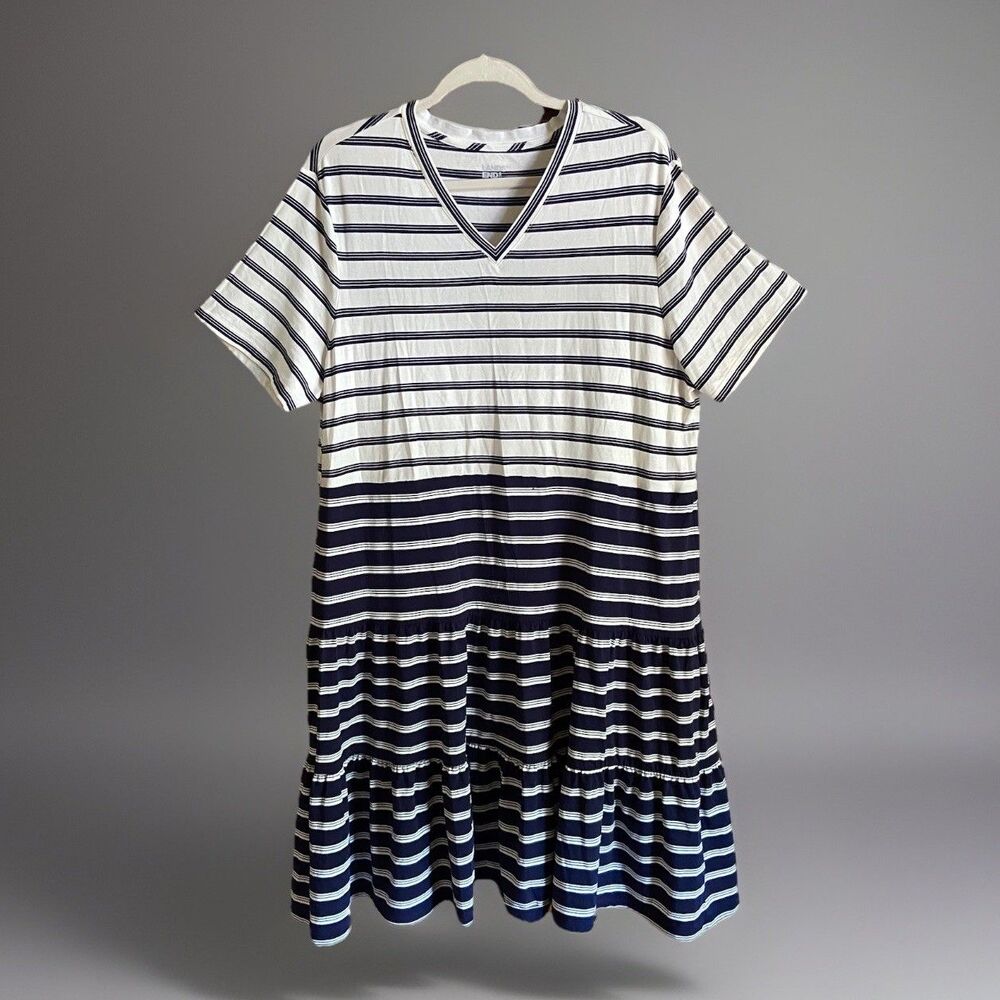 Land's End Tiered V-Neck T-Shirt Dress Size 1X Navy Blue Striped Nautical Summer